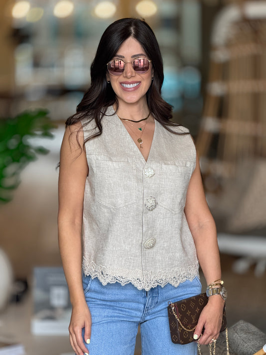 Tanny Beige Linen/Lace Vest Top