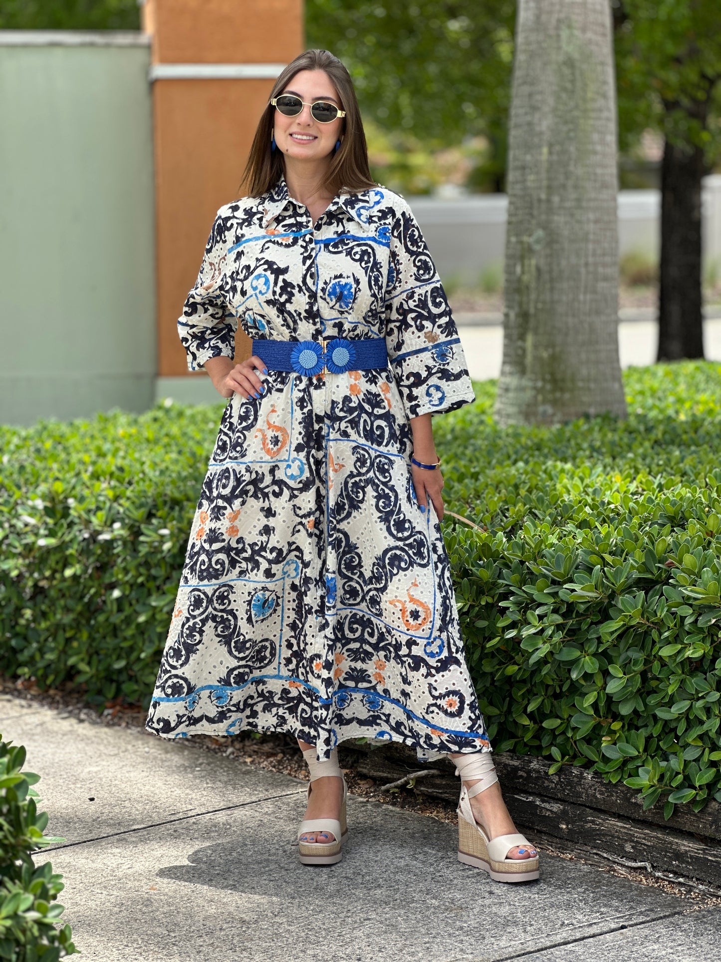 Roma Blue/Orange Eyelet Italian Dress