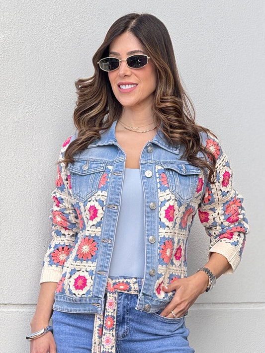 Zoe Blue Denim Multi Crochet Jacket Top