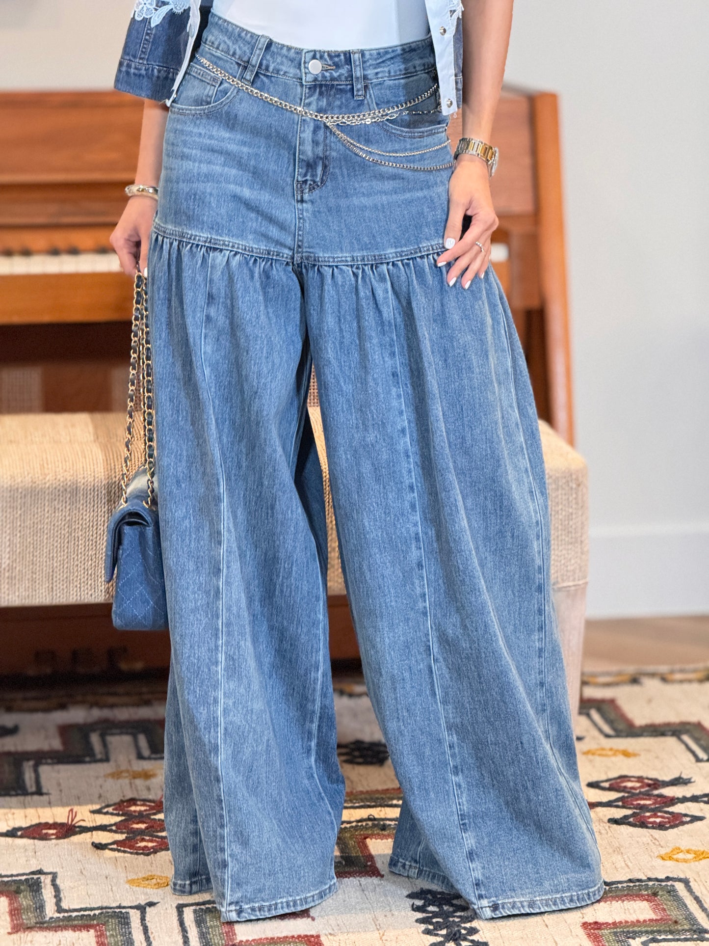 Perky Washed Denim High Rise Wide Jeans