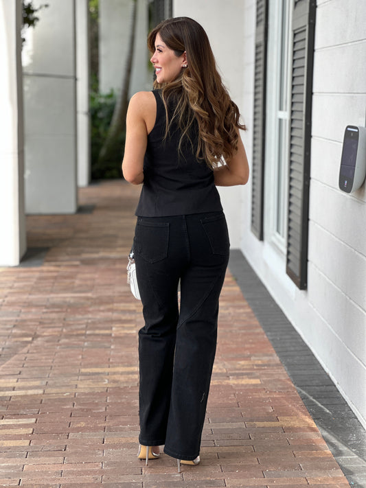 Junie Linen Black Vest Top