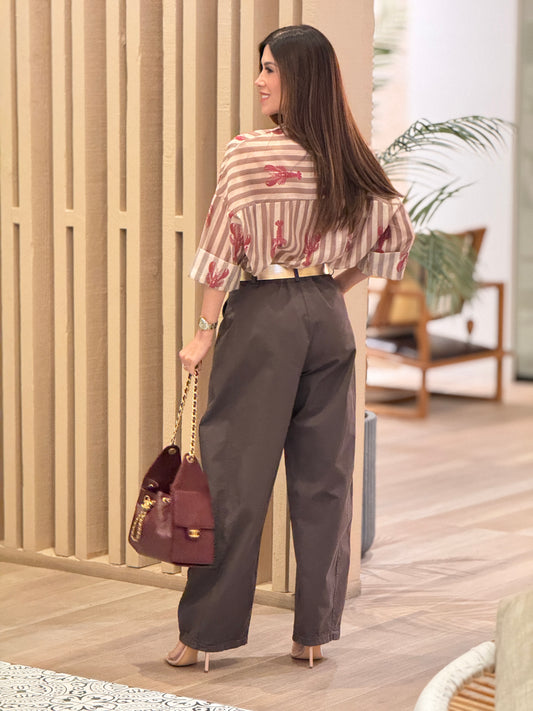 Lobster Beige Lines Mesh Top