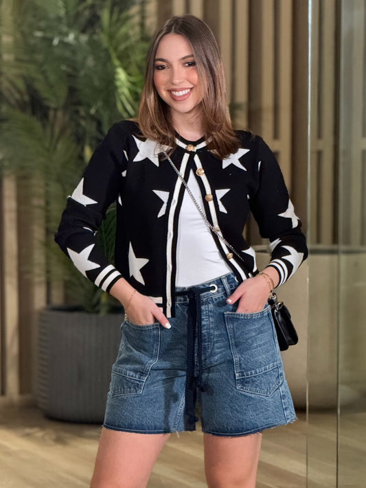 Stars Black Knitted Cardigan Top