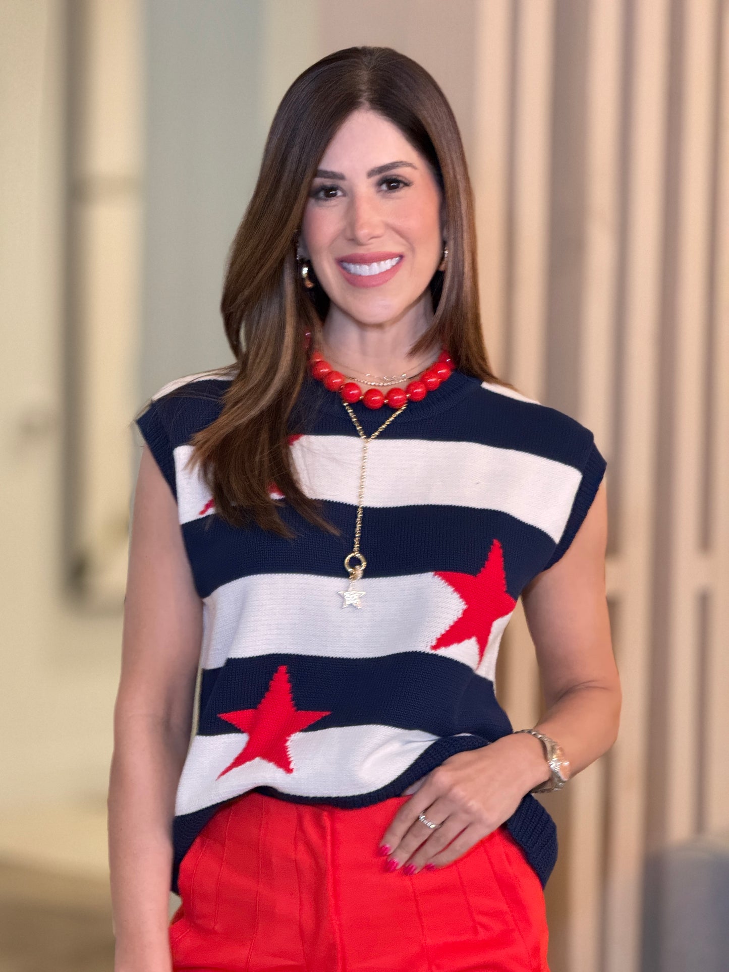 American Star Navy/Red Knit Top