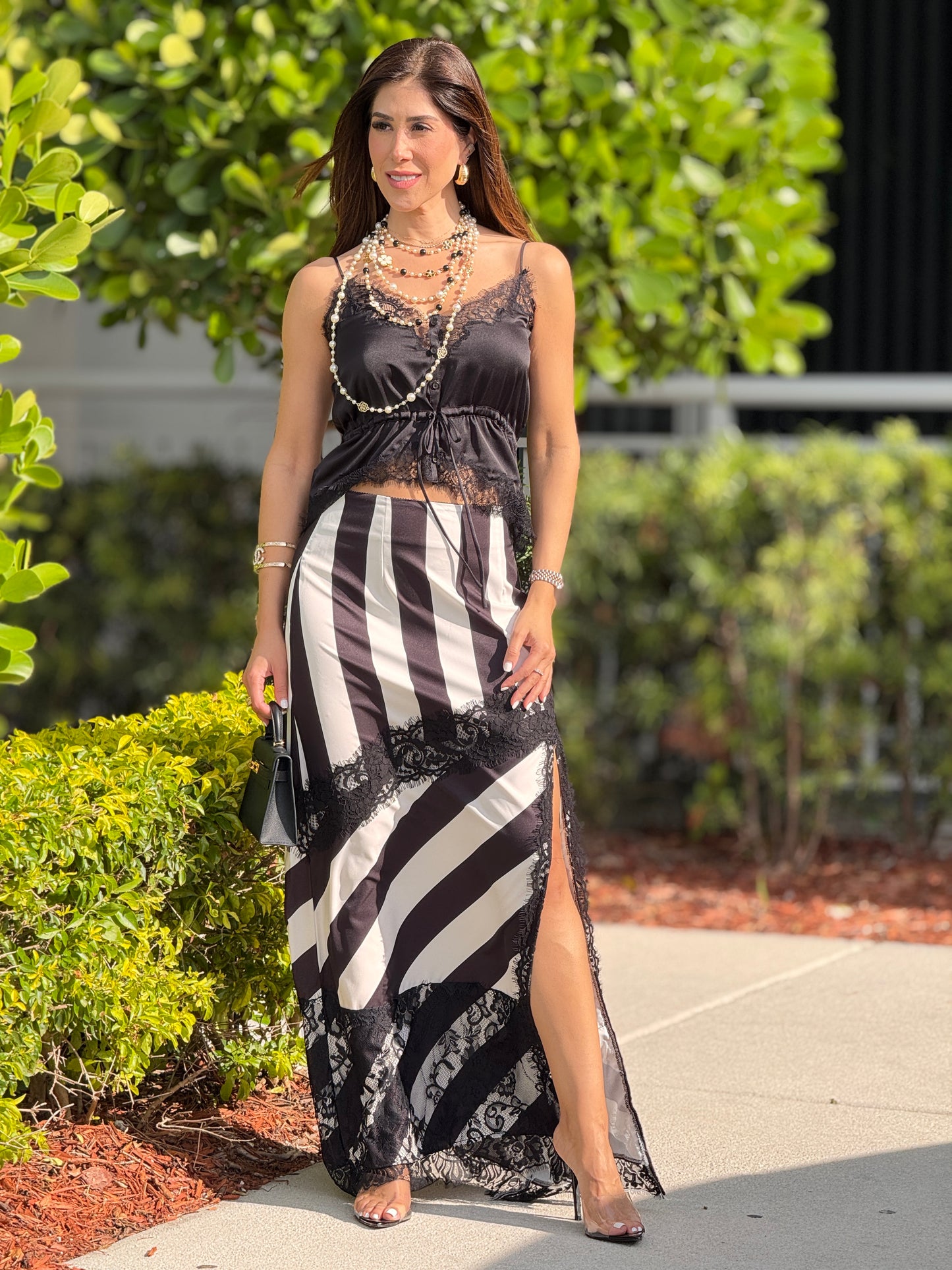 Elizabeth Black/White Lines & Lace Skirt Set