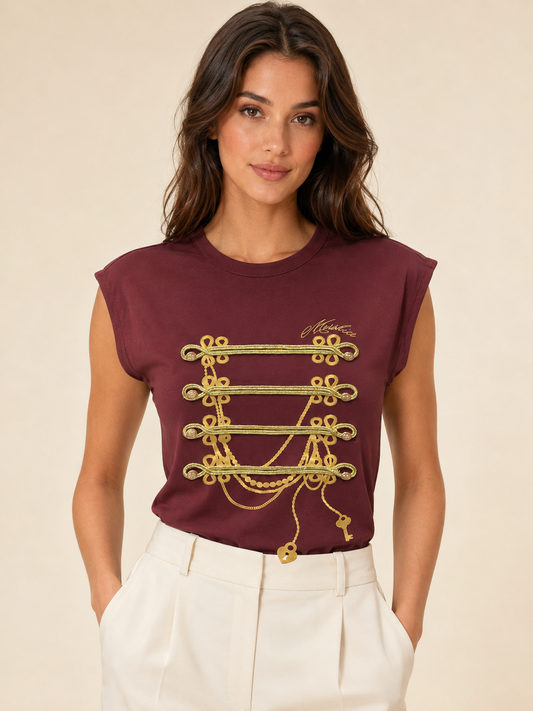 Napo Melodie Burgundy Gold Studs T-Shirt
