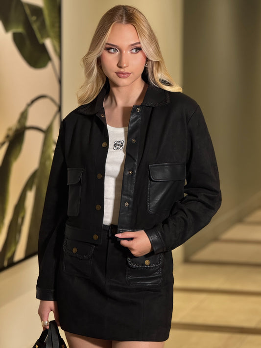 Miou Black Leather Skirt Set