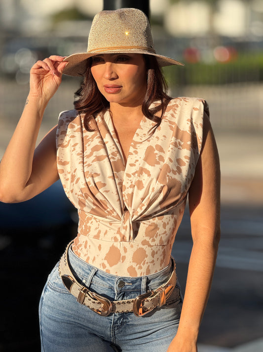 Cow Beige Print Bodysuit