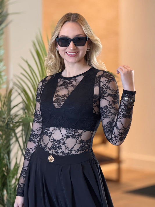 Nylon Black Lace Bodysuit Top