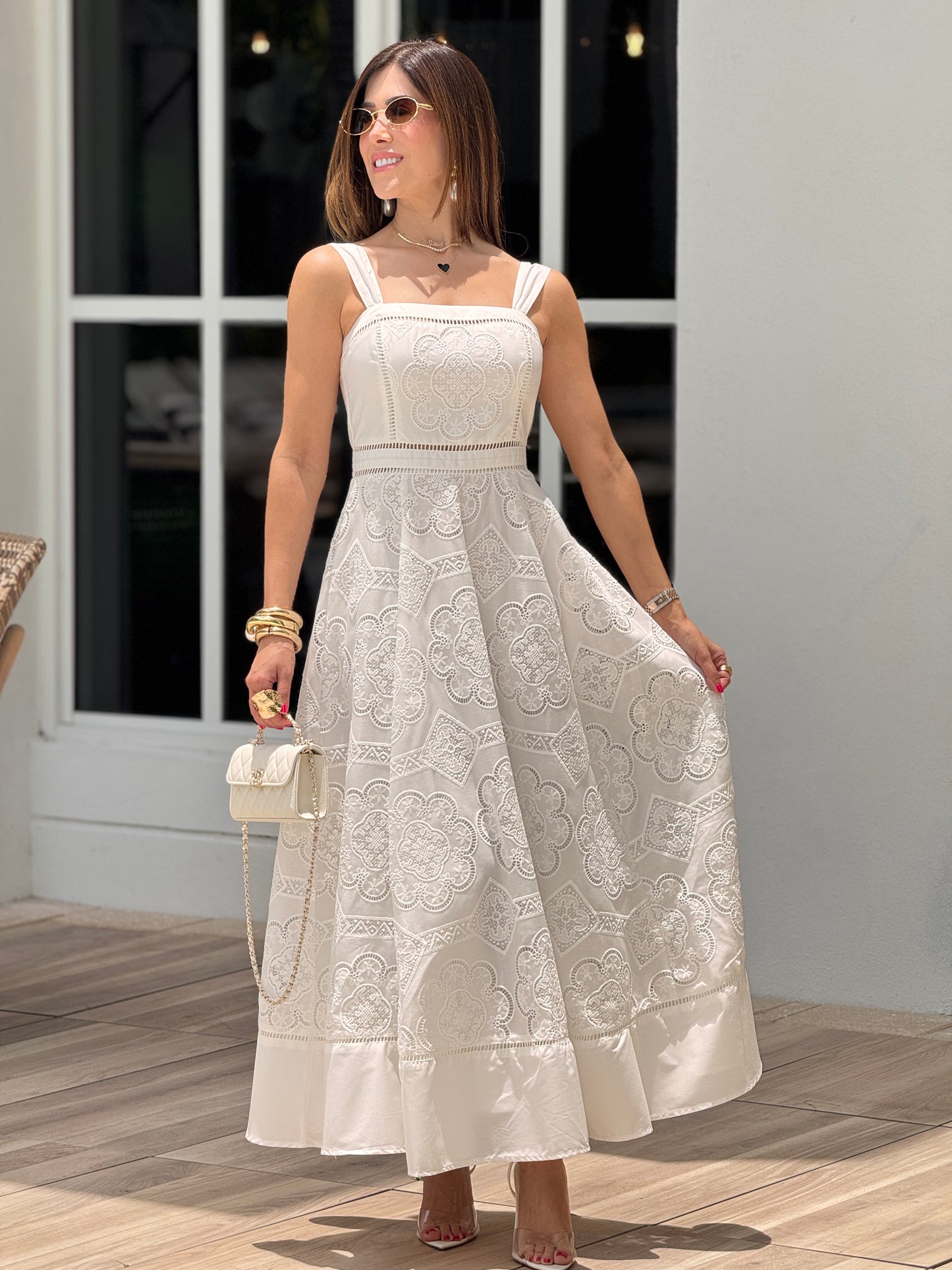 Amable White Square Neck Lace Dress