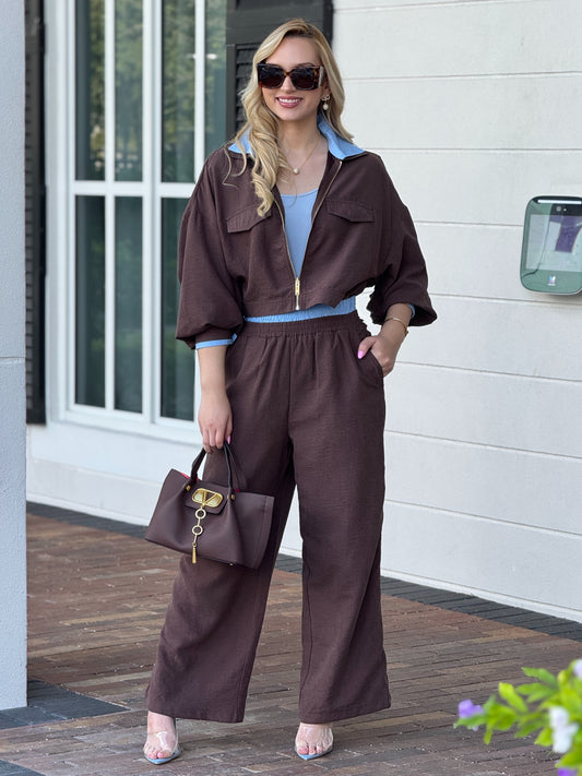 Fabiana Brown/Blue Borders Satin Set