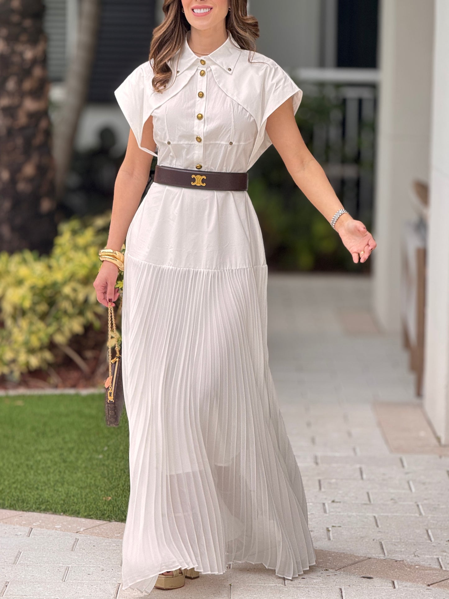 Perky White Gold Buttons Dress