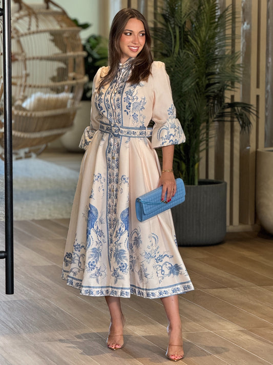 Gardenia Beige/Blue Print Dress