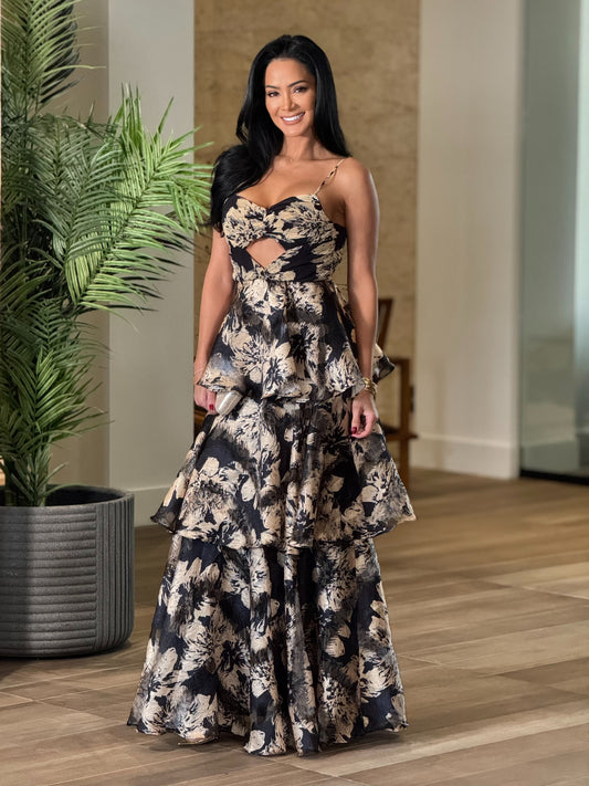 Norkys Floral Black/Gold Ruffle Dress Gala