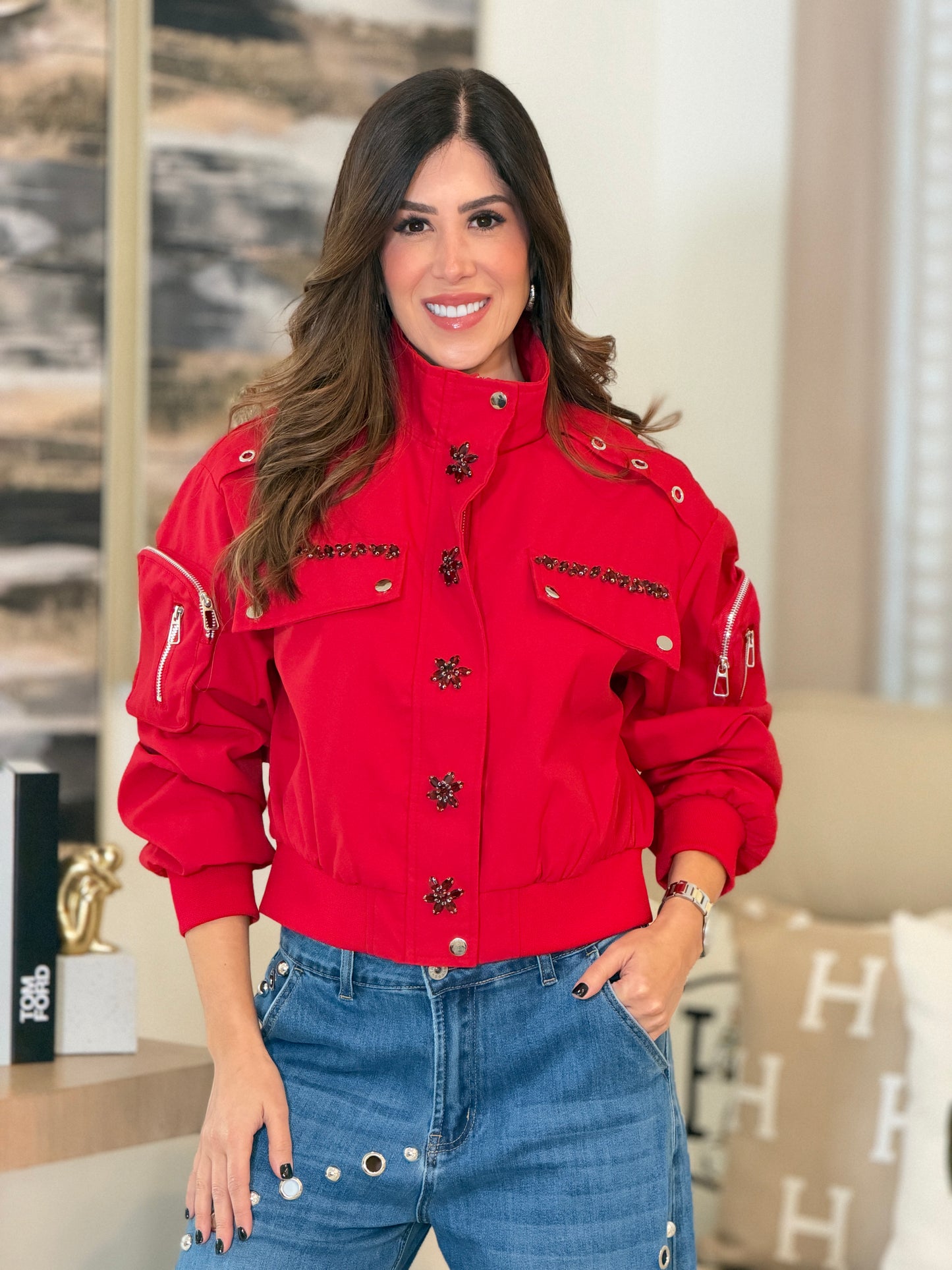 2269 Justy Red Rhinestone Jacket Top