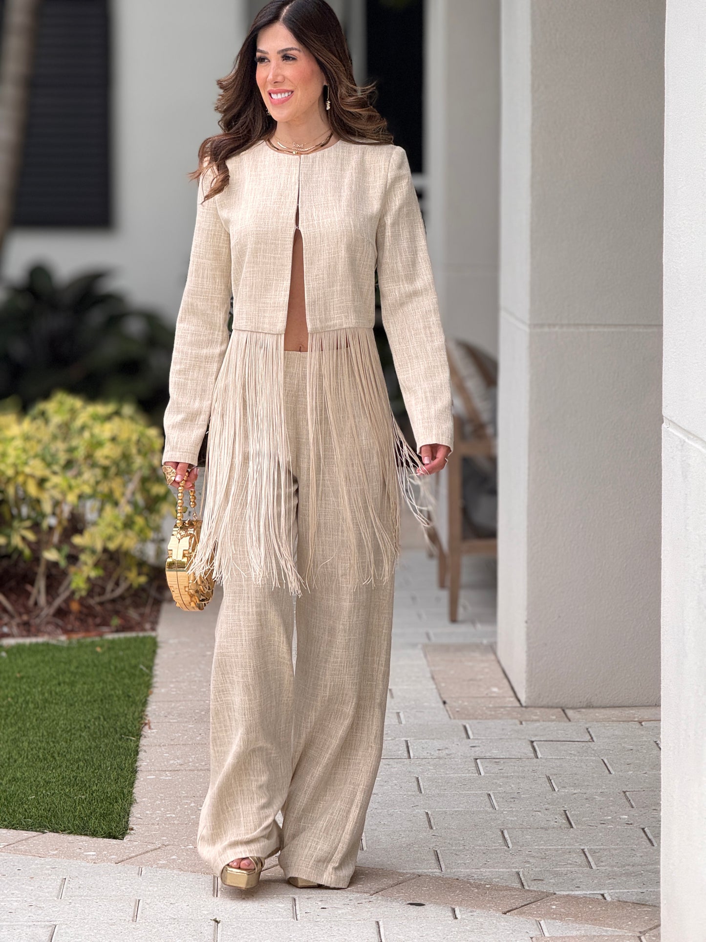 Bree Beige Linen Fringe Blazer Set