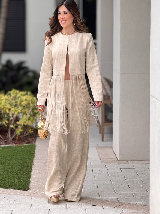 Bree Beige Linen Fringe Blazer Set