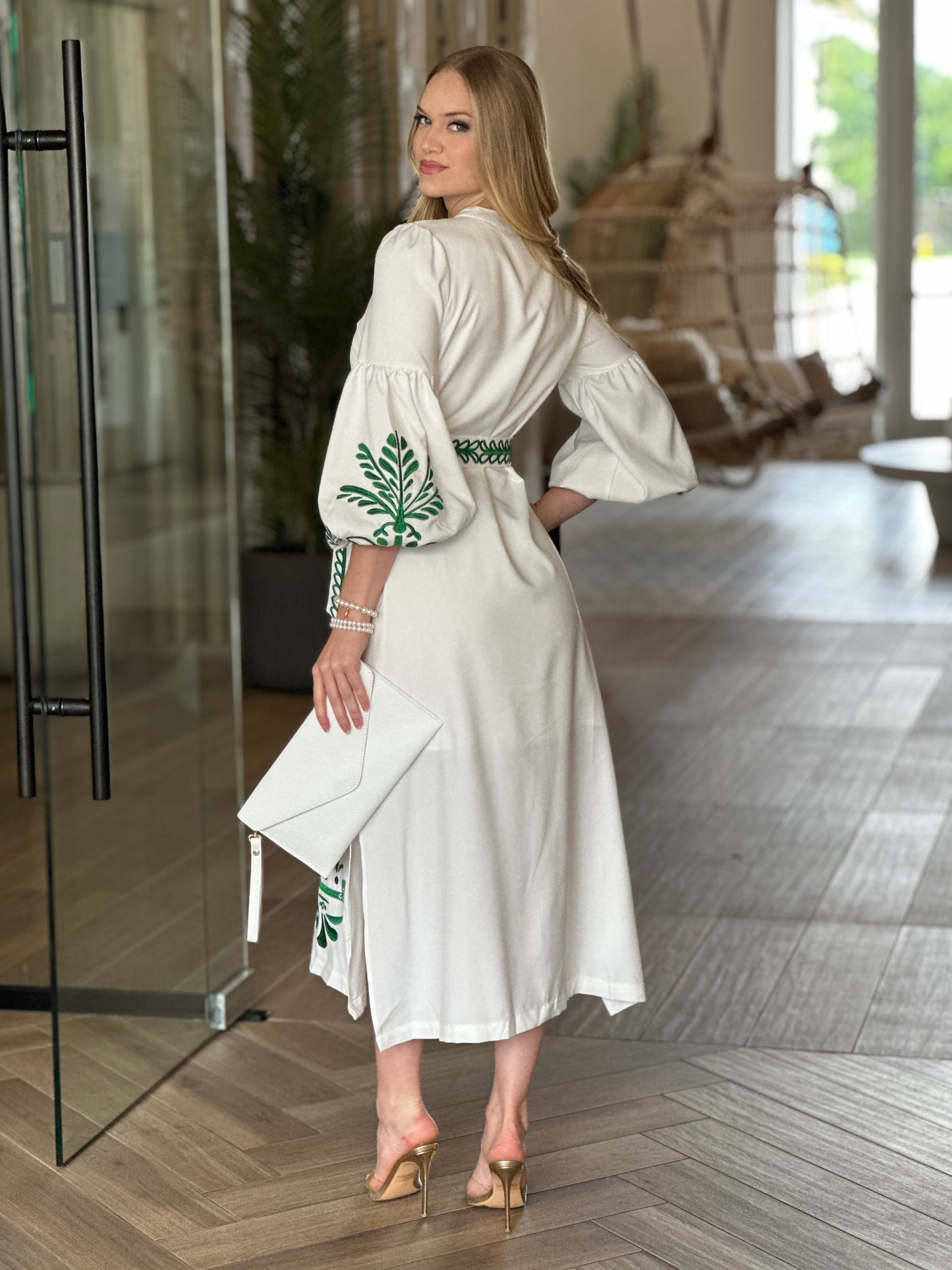 Linette White/Green Embroidery Dress