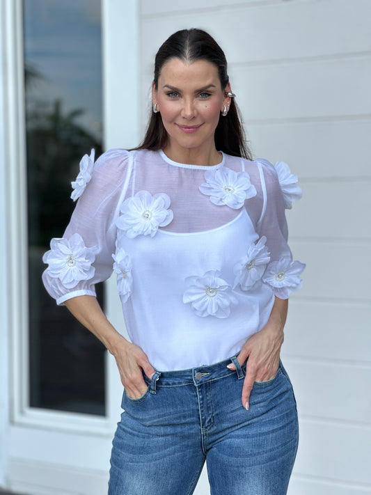 Bruna White 3D Flower Blouse