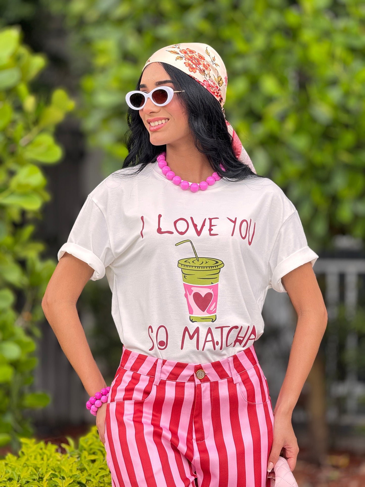 Love U Matcha +Scarf White T-Shirt