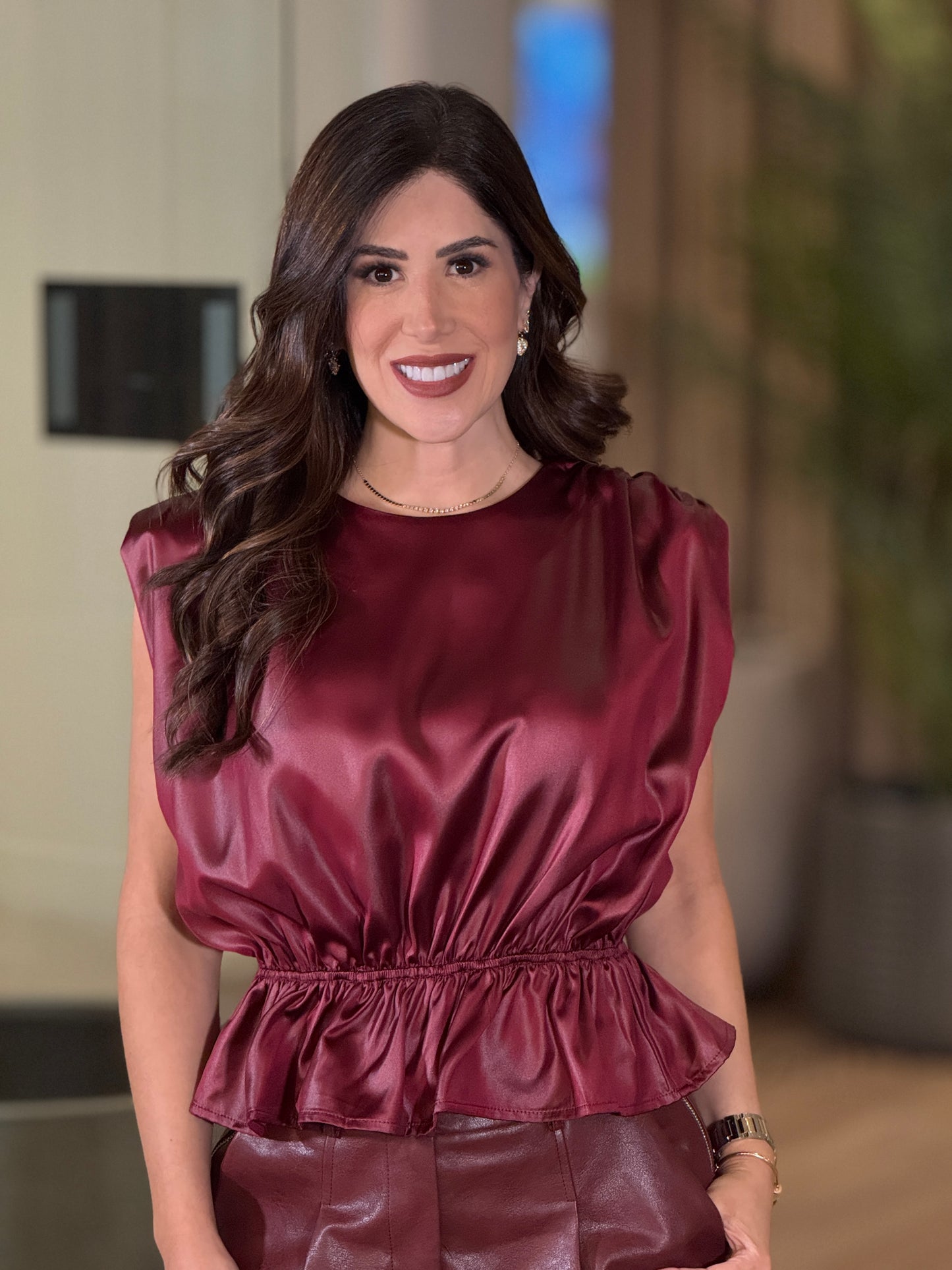 Strut Burgundy Peplum Satin Top