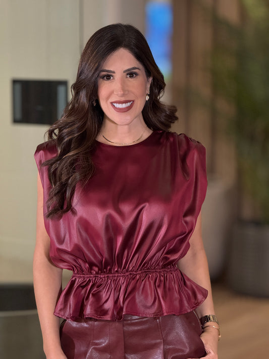Strut Burgundy Peplum Satin Top