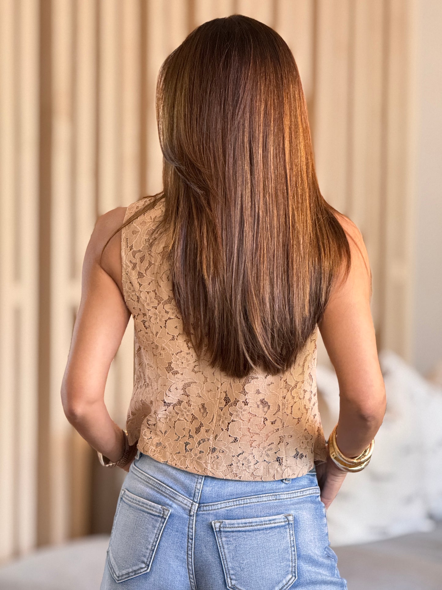 Voguish Beige Lace Crossed Top