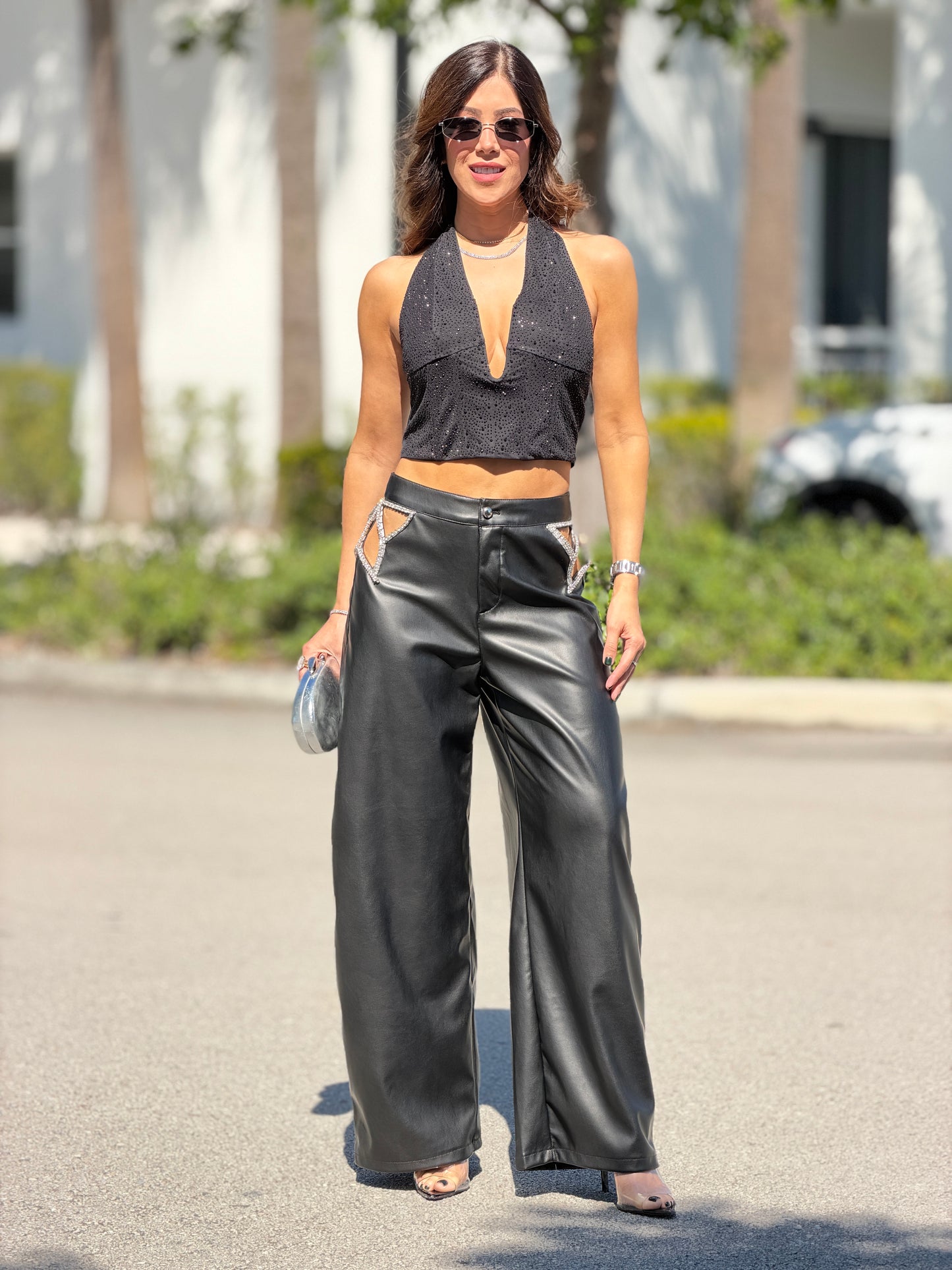 99218 Black Star Cutout Leath Pants