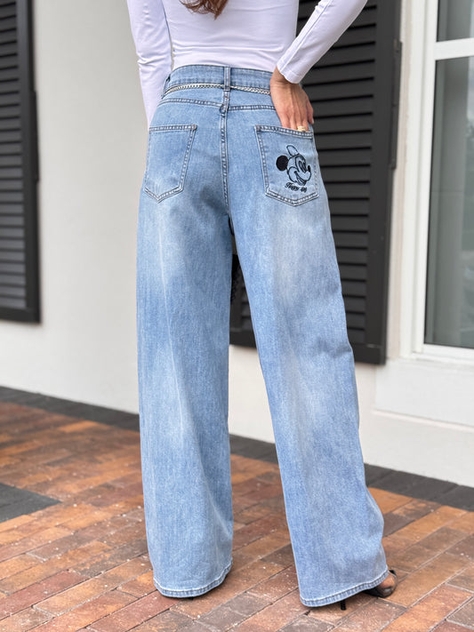 Mouse Embroidery Barrel Jeans