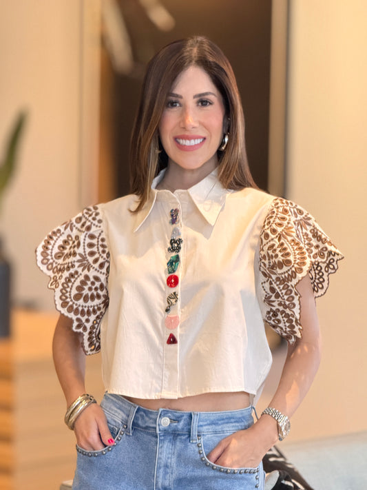 More Beige/Multi 3D Buttons Crop Top