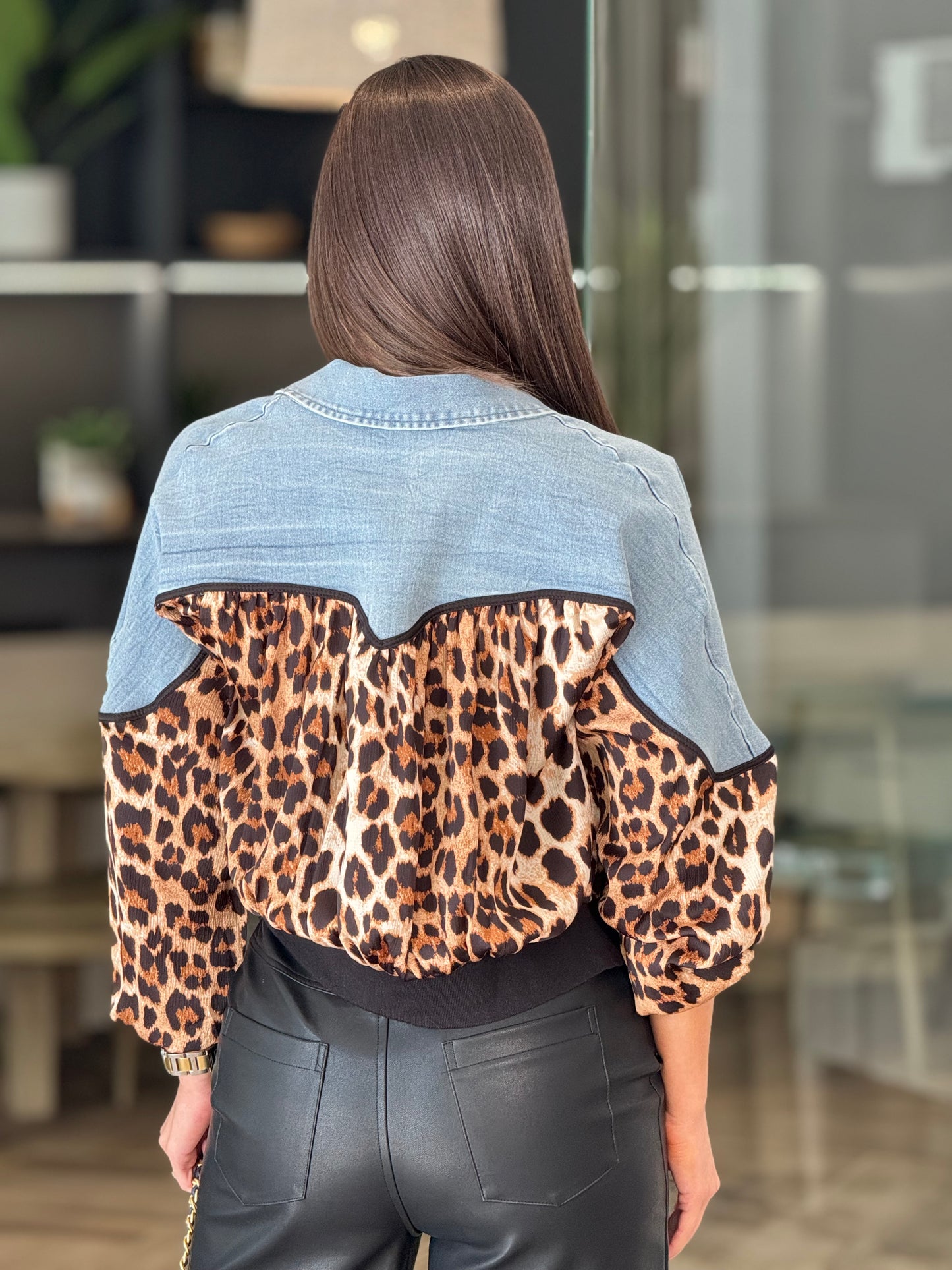 Angelica Leopard/Denim Bomber Jacket Top