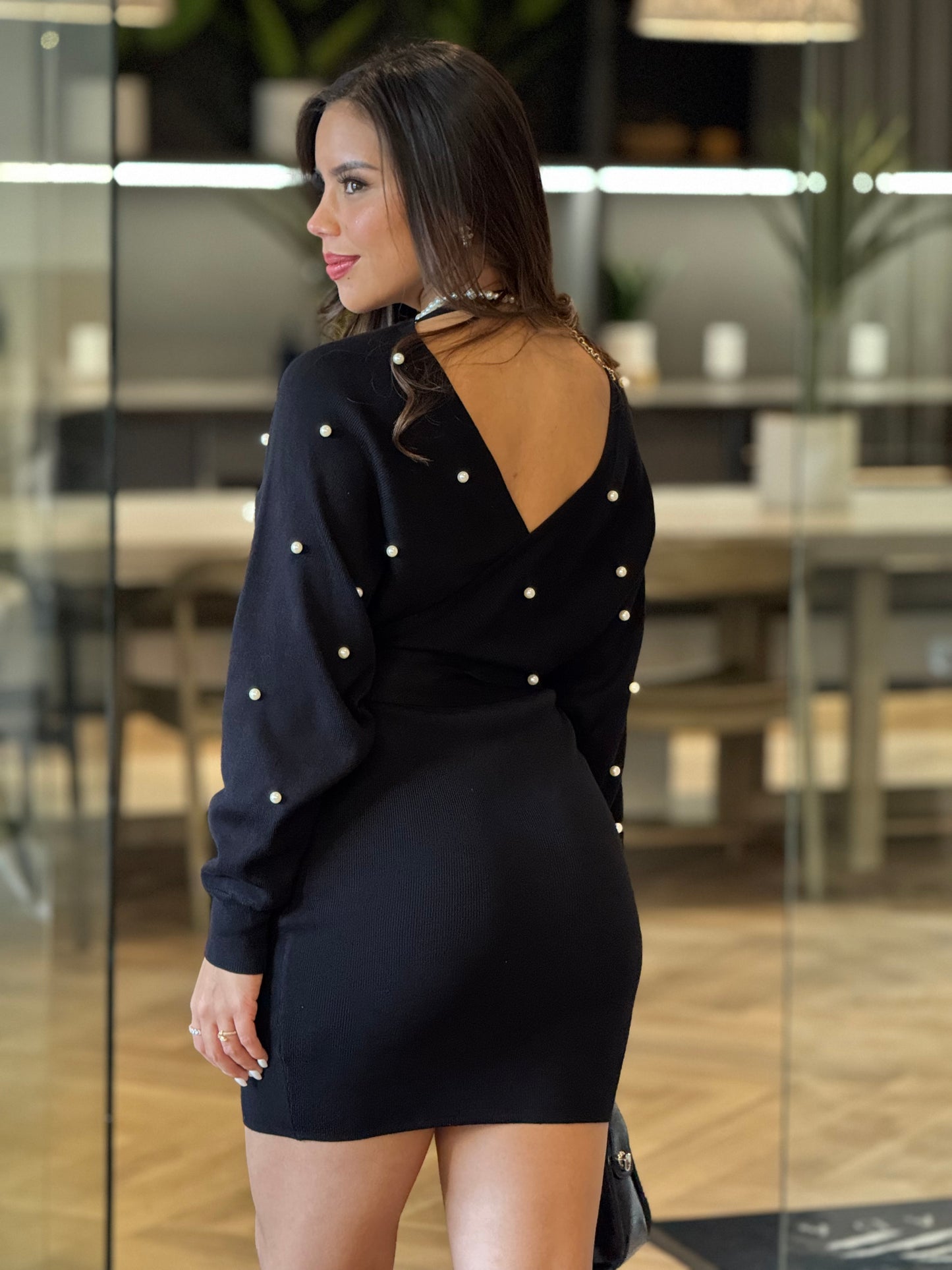 Shelly Pearl Black Sweater Dress