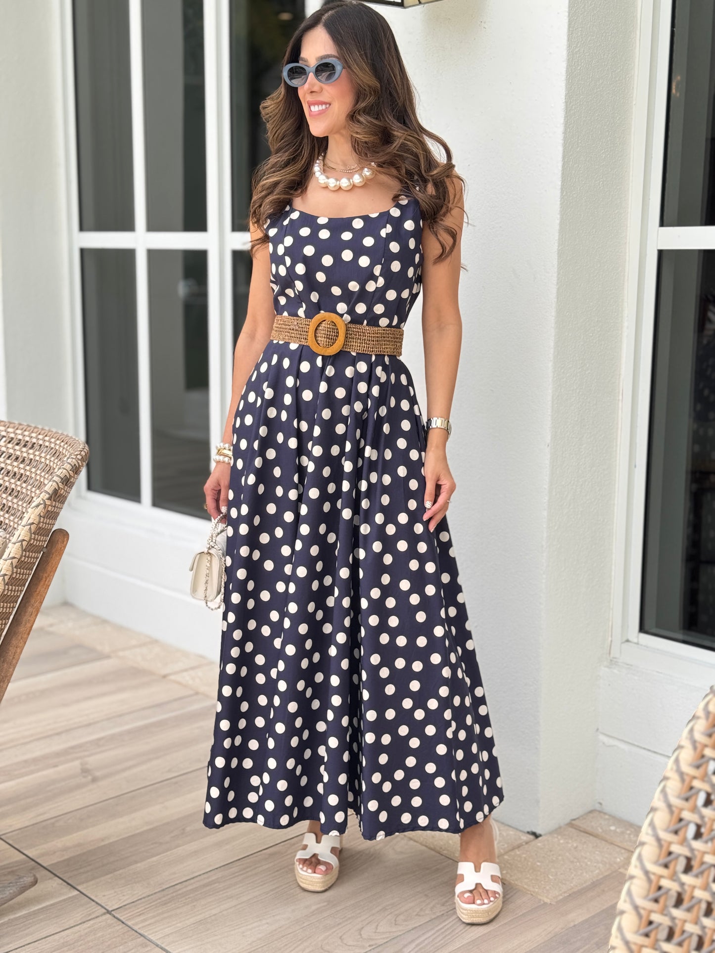 Italy Navy Polka Dots Belt Dress