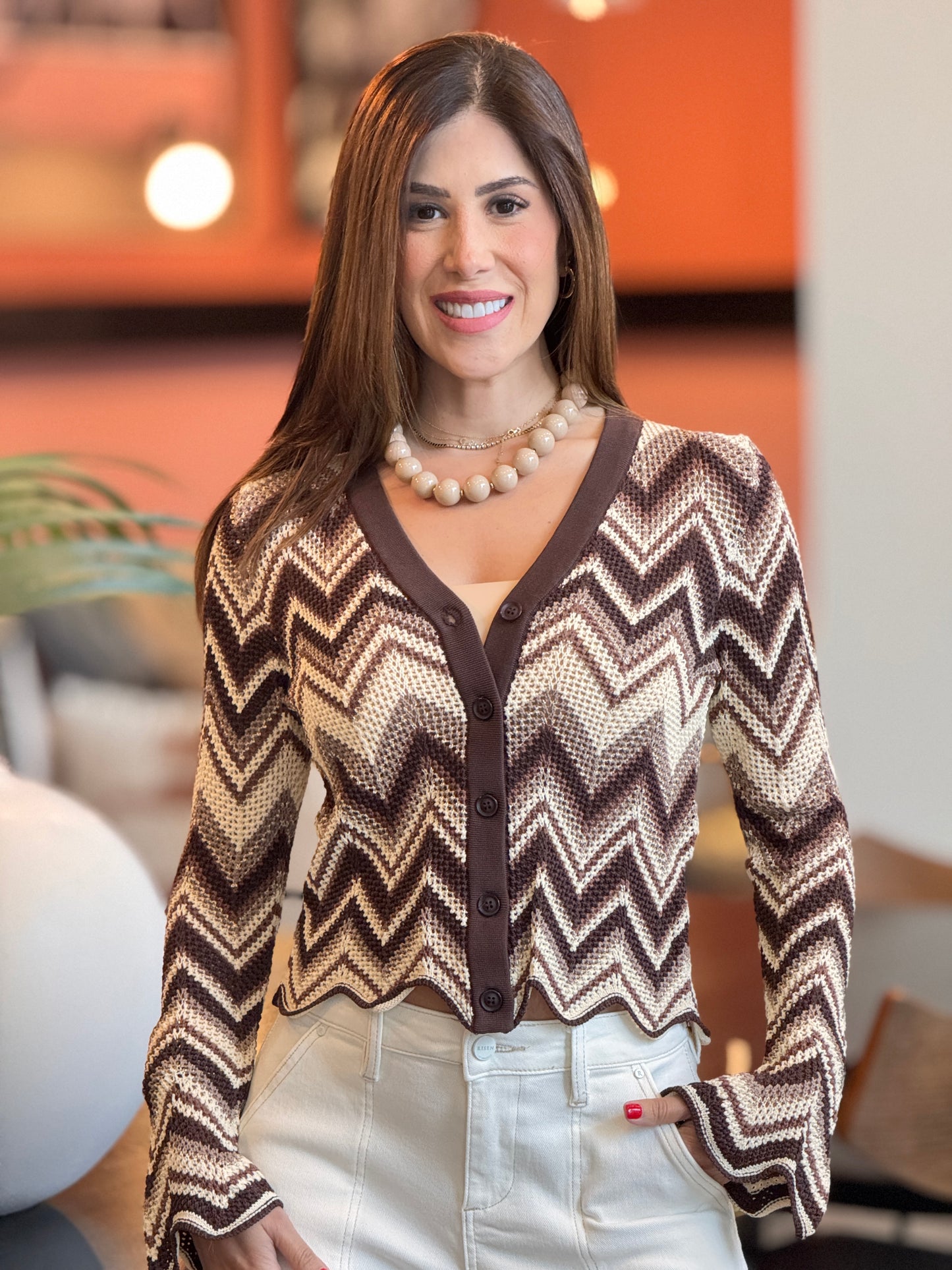 Creme Brown/Ivory Zigzag Cárdigan Top