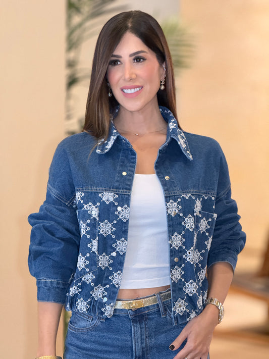 Fiery Dark Denim/White Embro Jacket Top