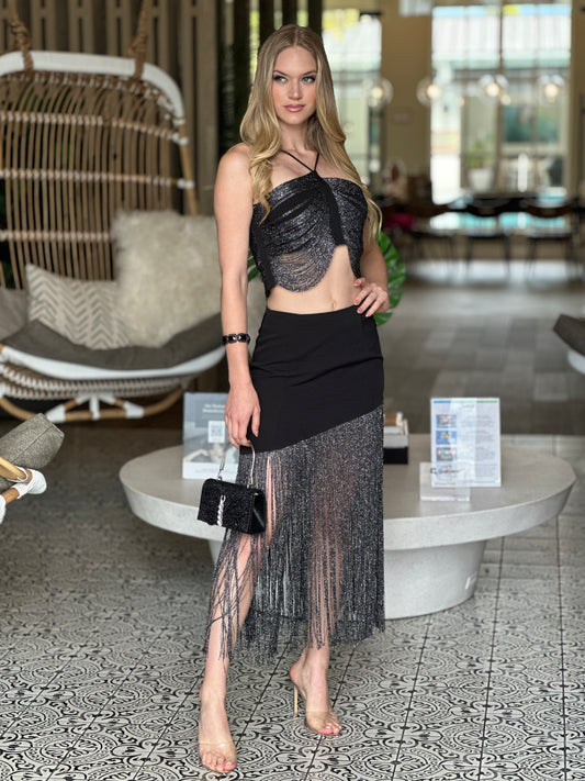 Shakira Black Fringe Skirt Set