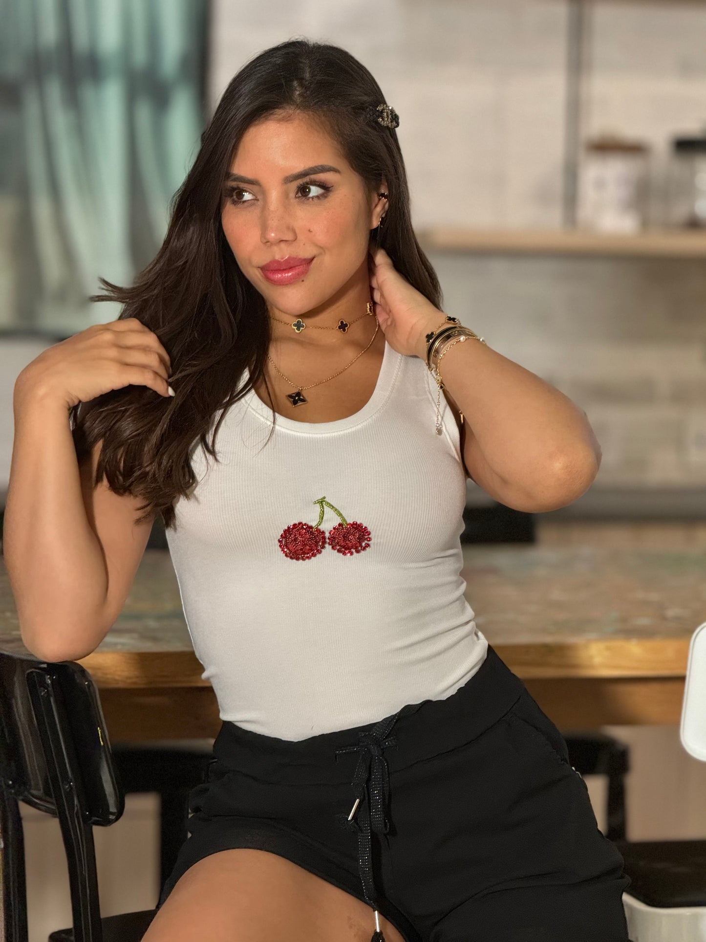 Cherry White Rhinestone Tank Top