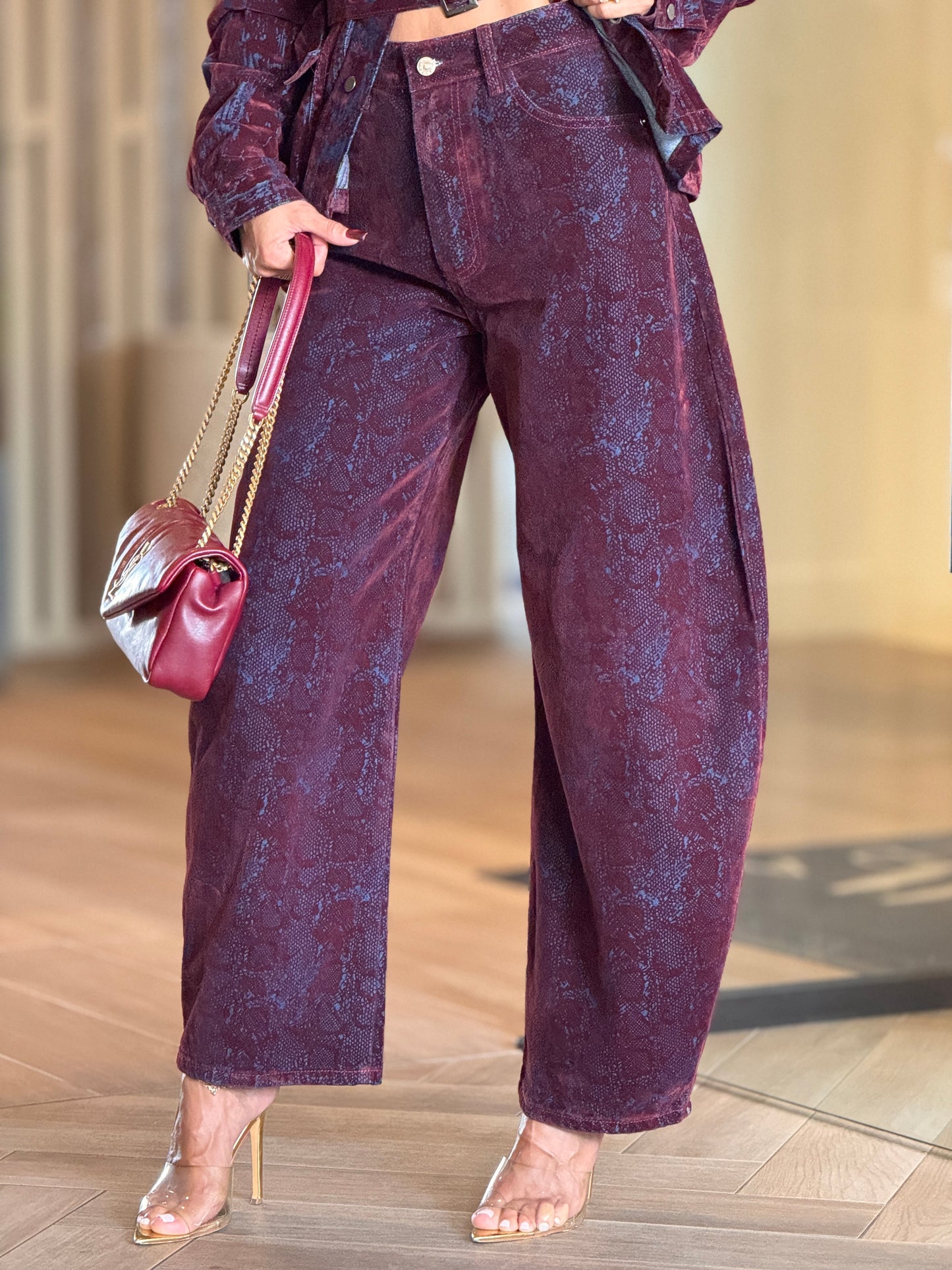 French Burgundy Snake Suede Jeans