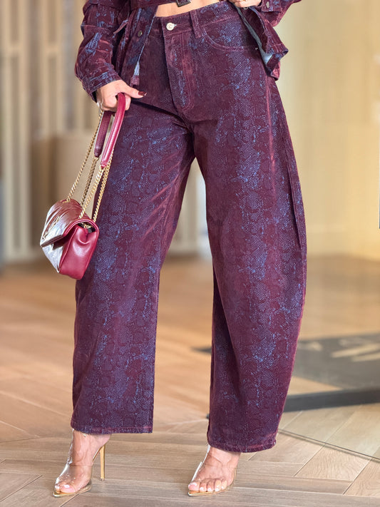 French Burgundy Snake Suede Jeans