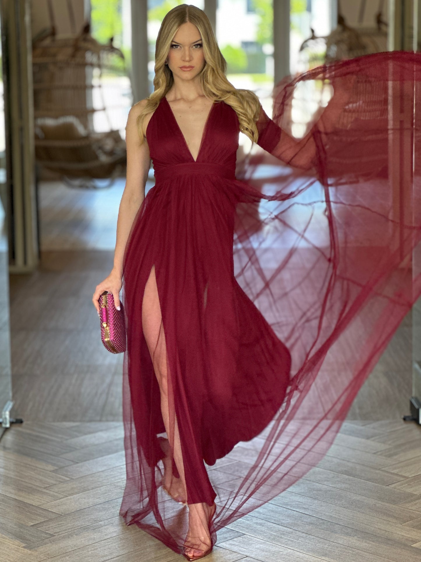 Meredith Wine Tulle Dress Gala