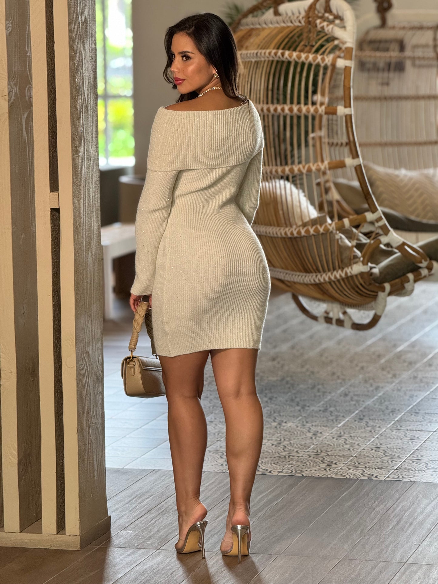 Kelly Beige Knitted Off Shoulder Dress