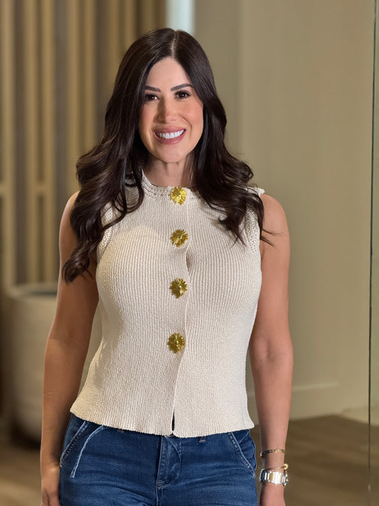 Lauren Beige Crochet Gold Buttons Vest Top