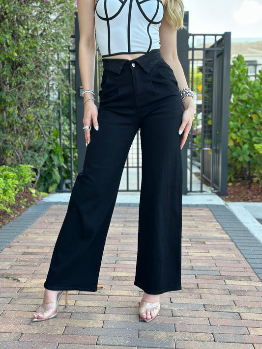Carolina Rhinestone Waistband Black Wide Jeans