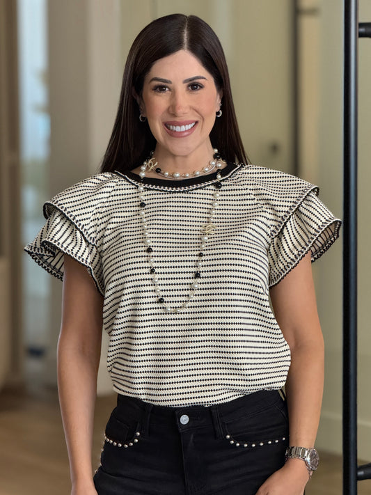 Strut Black/White Lines Ruffle Top