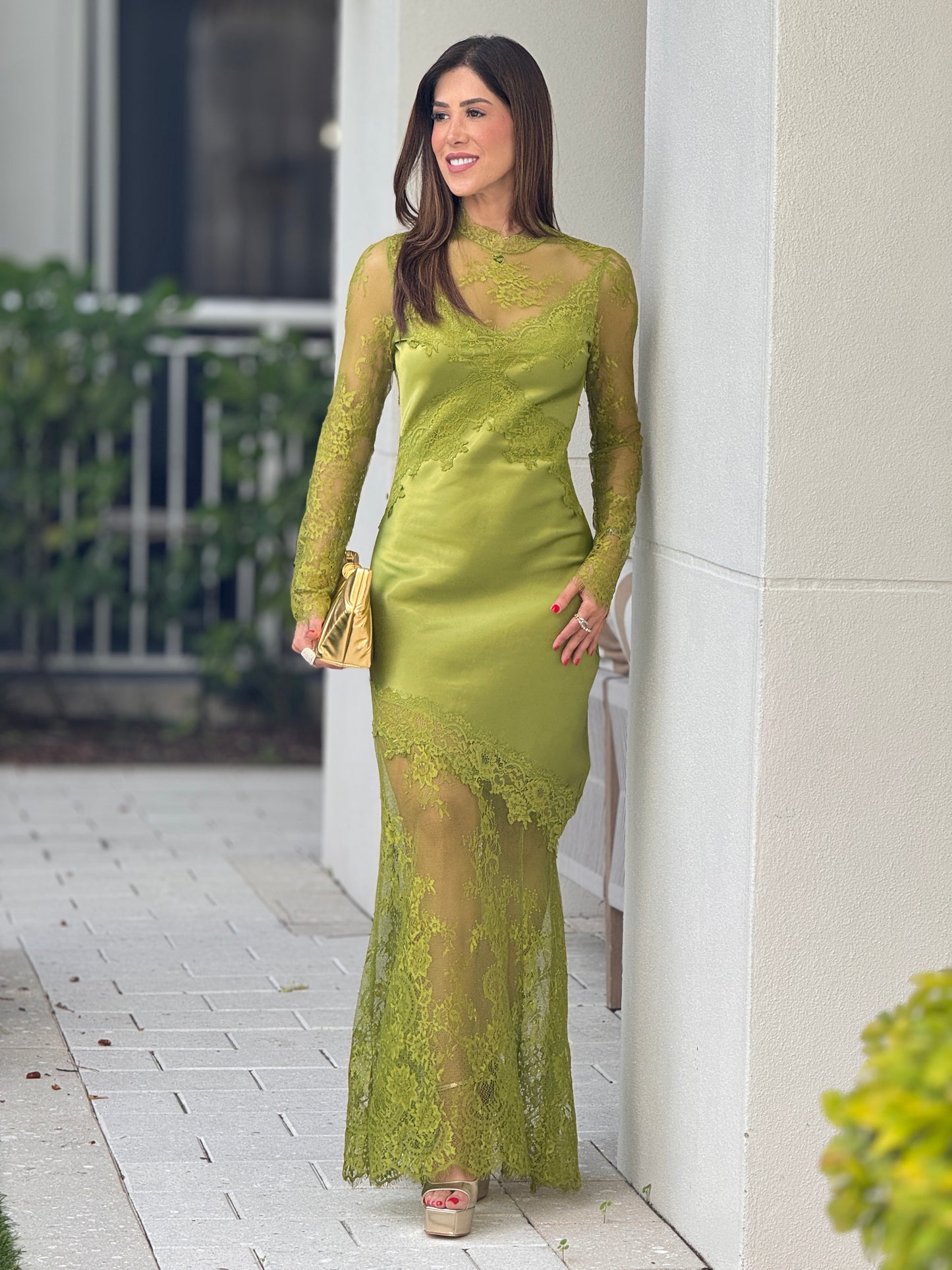 Lovely Green Satin Lace Dress Gala