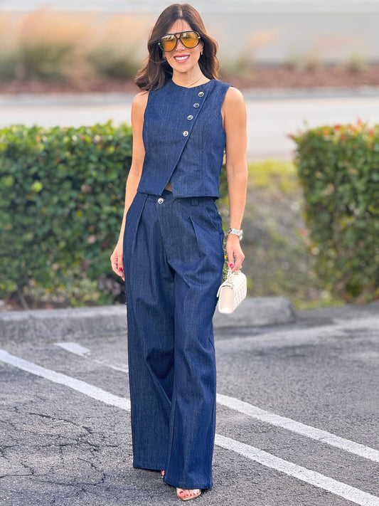Amable Denim Crossed Vest Set