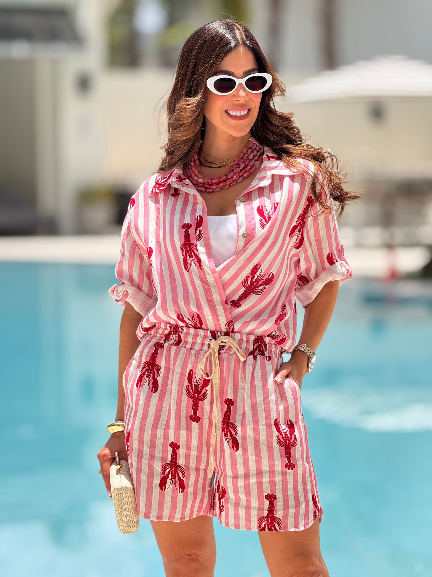 Italy Lobster Pink Lines Linen Short Set