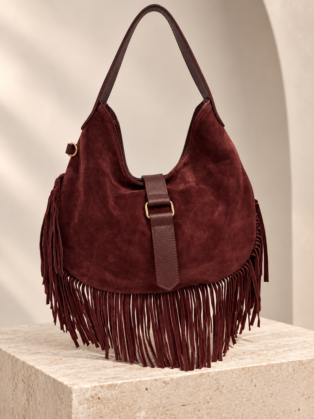 Italy Burgundy Suede Fringe Bag