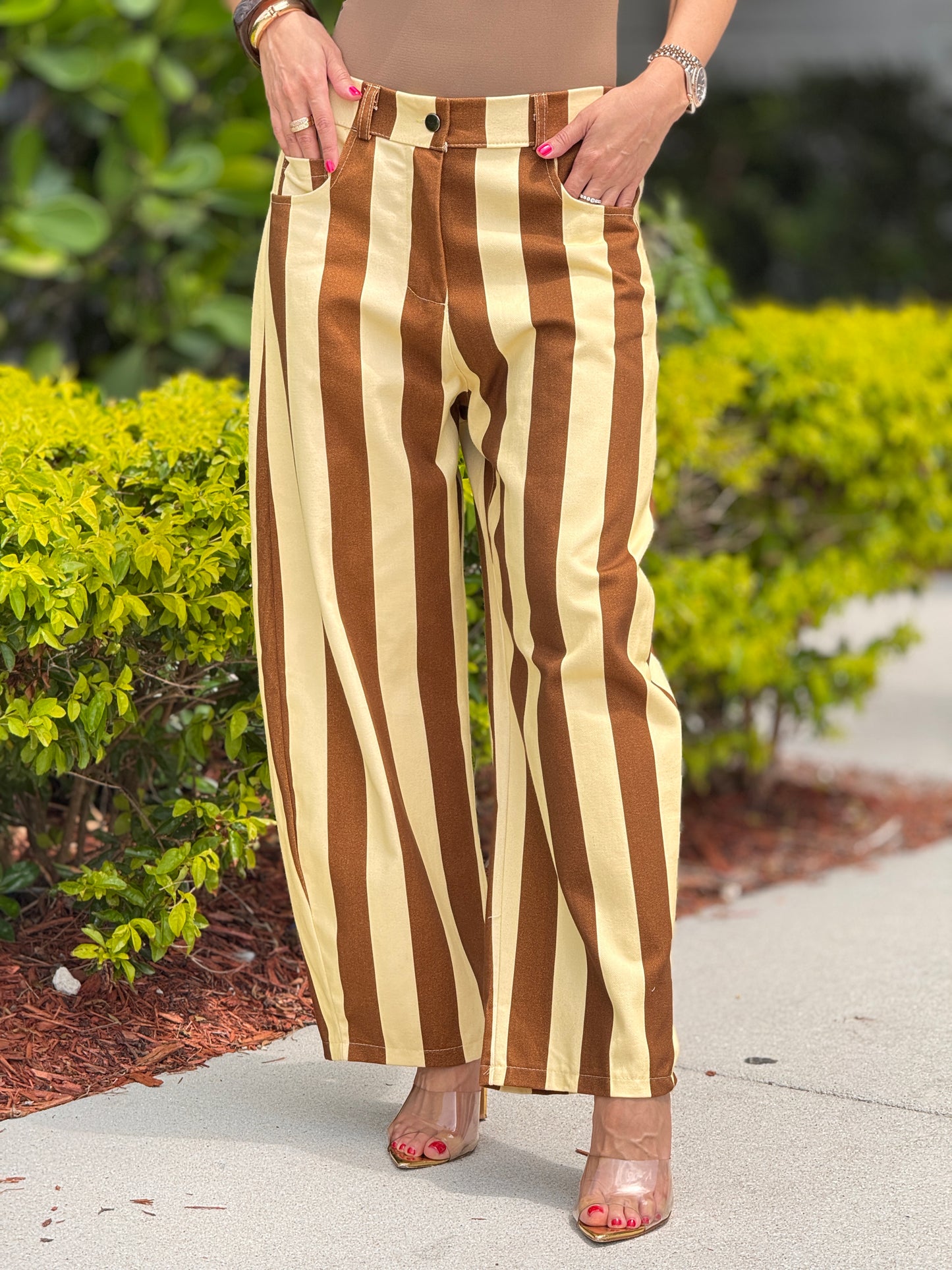 Nyla Yellow/Brown Lines Barrel Jeans