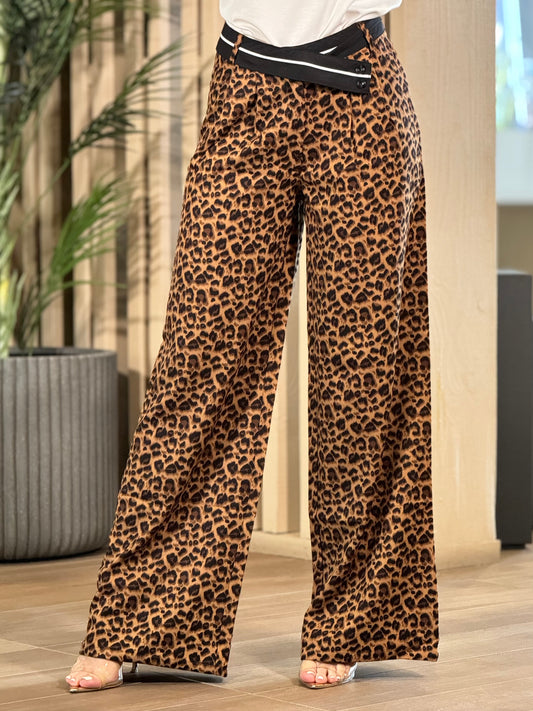 Nadette Leopard Crossed Black Waistband Pants